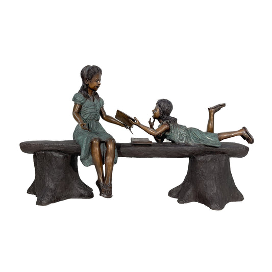 Two Girls Reading on Tree Trunk Bench Bronze Statue