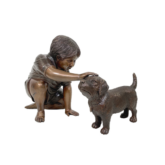 Kneeling Boy Petting Dog Bronze Statue