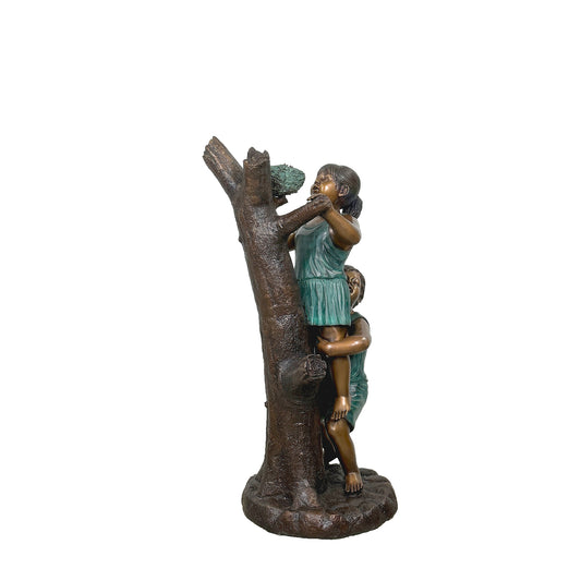 Boy & Girl reaching for Birds Nest in Tree Bronze Statue