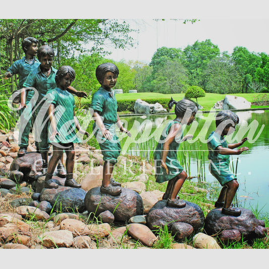 Six Children walking across Stones Bronze Statue Set