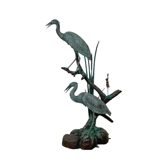 Two Crane Birds in Reeds Fountain Bronze Statue