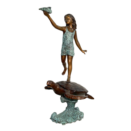 Girl Standing on Sea Turtle Fountain Bronze Statue