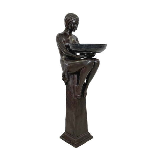 Art Deco Lady holding Marble Bowl Bronze Statue