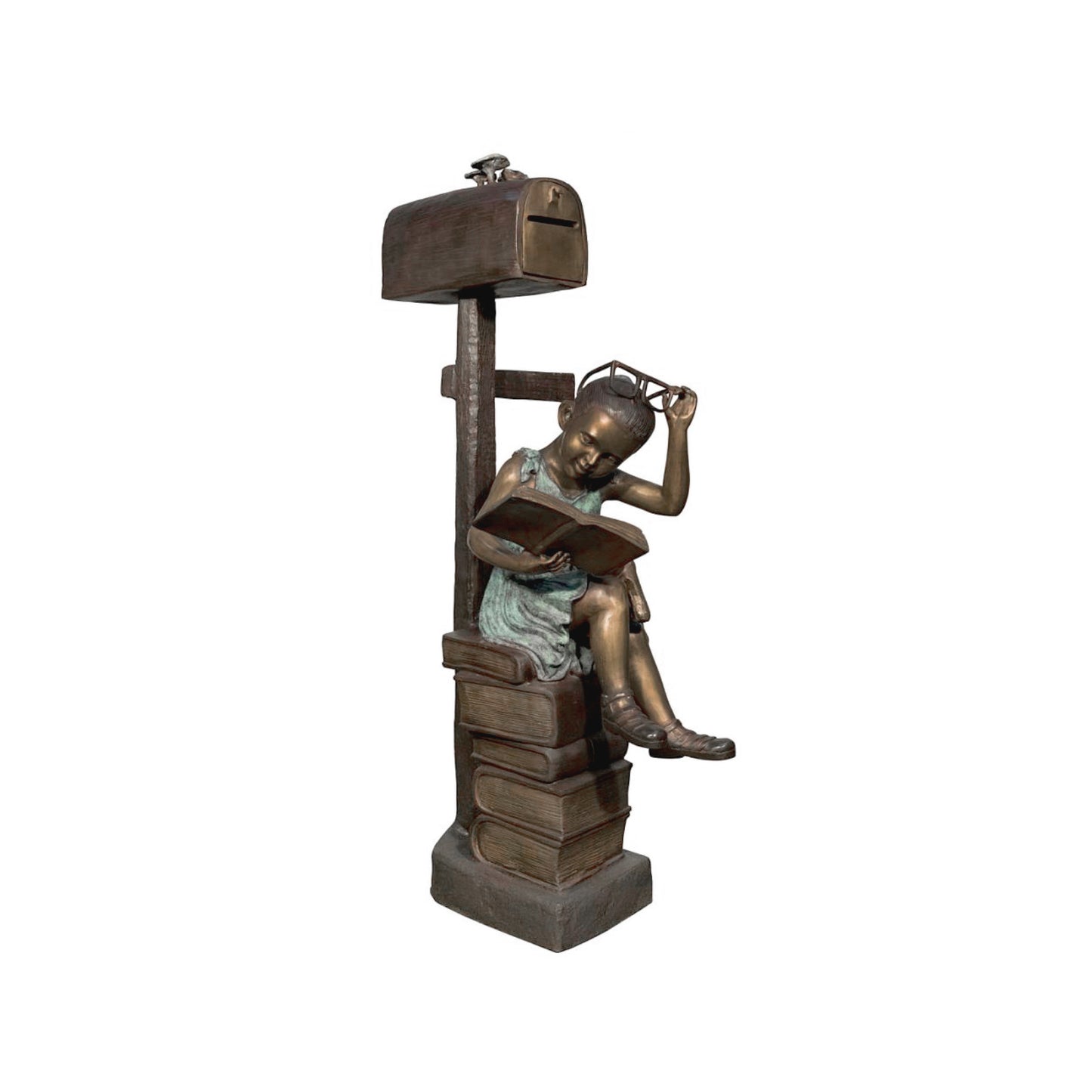 Girl Reading on Books Bronze Statue Mailbox