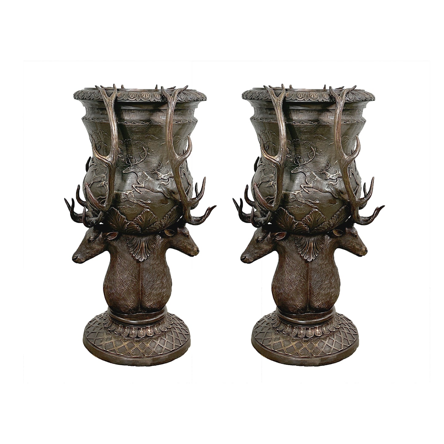 Medium Size Deer Antler Bronze Planter Urn Pair