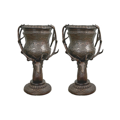 Medium Size Deer Antler Bronze Planter Urn Pair