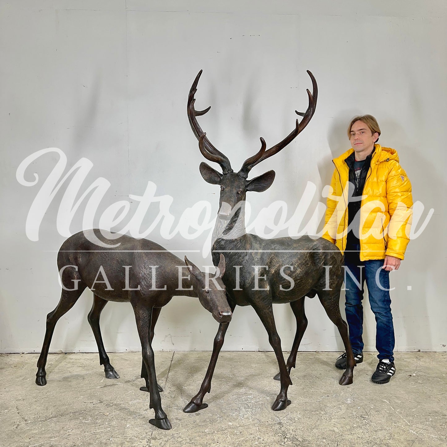 Standing Buck & Doe Bronze Statue Set