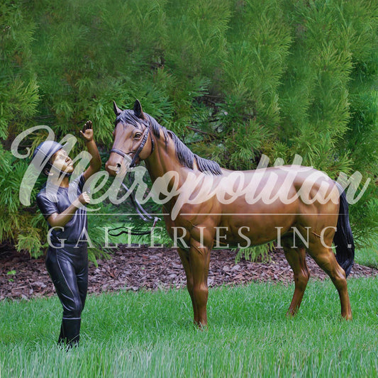 Girl Jockey with Pony Bronze Statue