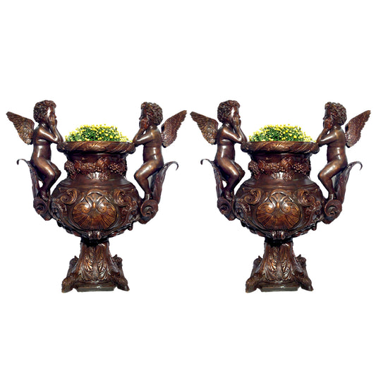 Two Cupids Bronze Planter Urn Pair