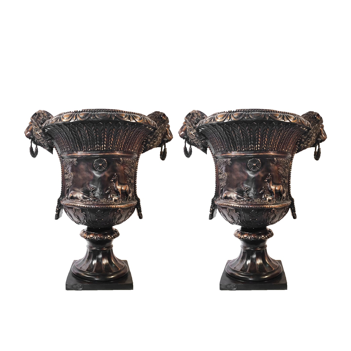 Lion Head Relief Bronze Planter Urn Pair