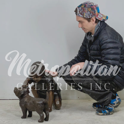 Kneeling Boy Petting Dog Bronze Statue