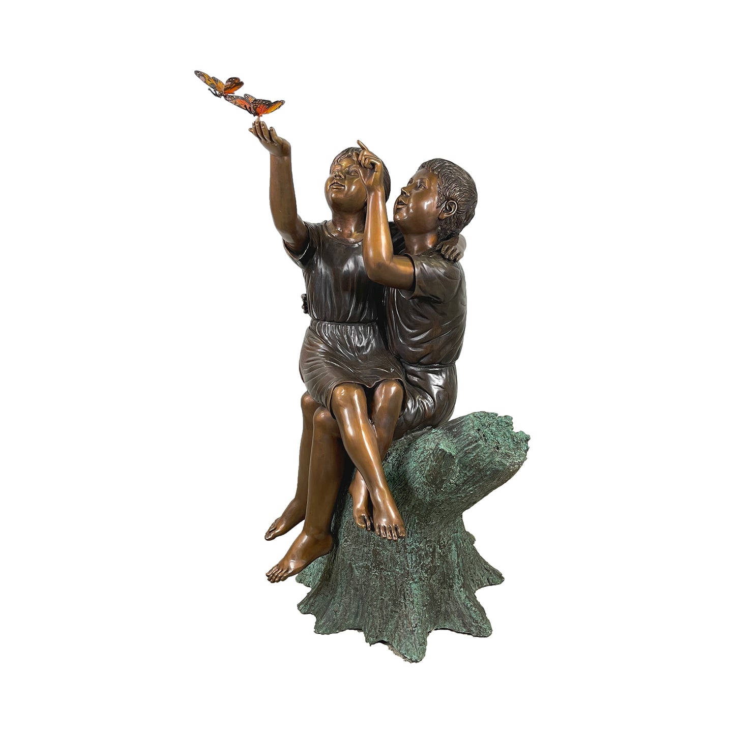 Boy & Girl Sitting on Stump with Monarch Butterflies Bronze Statue