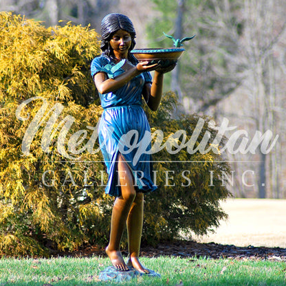 Girl with Birdbath Fountain Bronze Statue