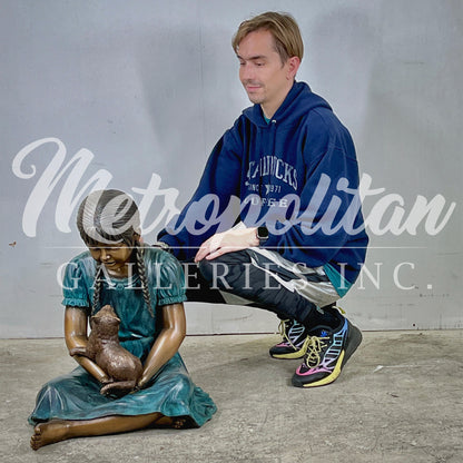 Girl sitting with Cat Bronze Statue