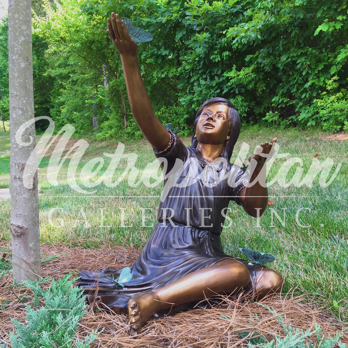 Sitting Girl with Butterflies Bronze Statue