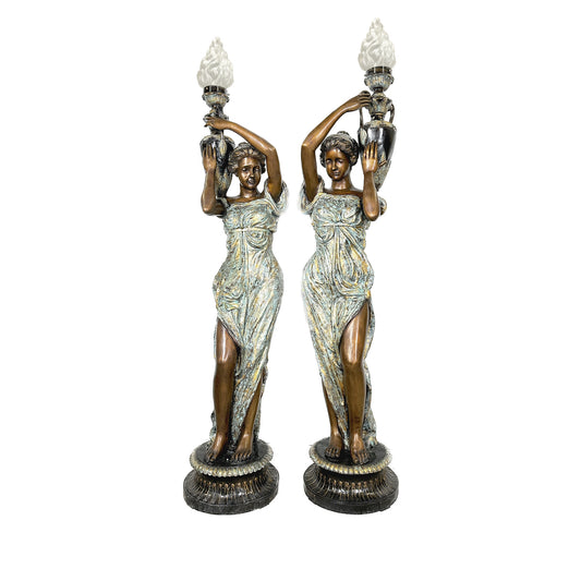 Lady holding Vase Torchiere Bronze Lamp Sculpture Pair