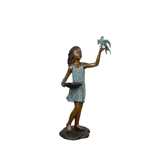 Standing Girl holding Tray & Bird Bronze Statue