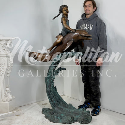 Girl Riding Dolphin Fountain Bronze Statue