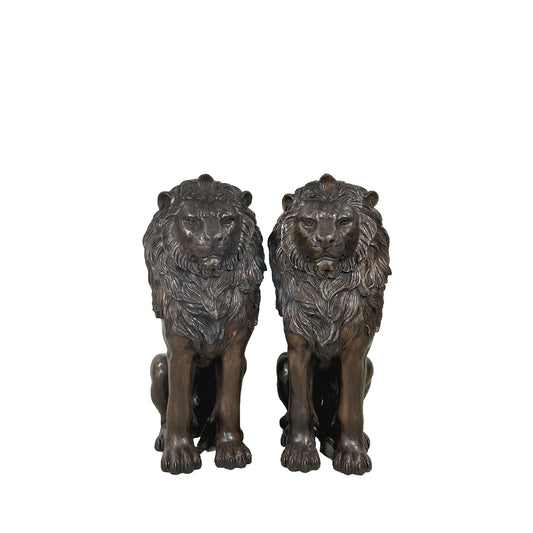 Sitting Lions Bronze Statue Pair