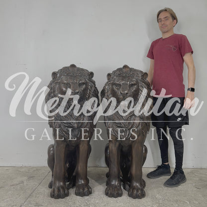 Sitting Lions Bronze Statue Pair