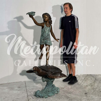 Girl Standing on Sea Turtle Fountain Bronze Statue