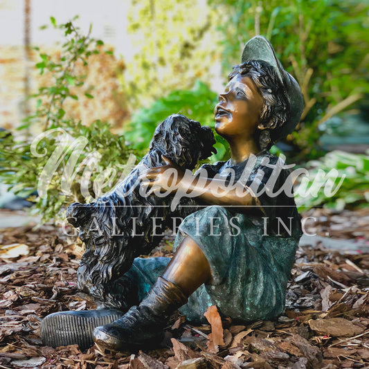 Sitting Boy Playing with Puppy Bronze Statue