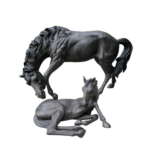 Mother Horse & Colt Bronze Statue Set