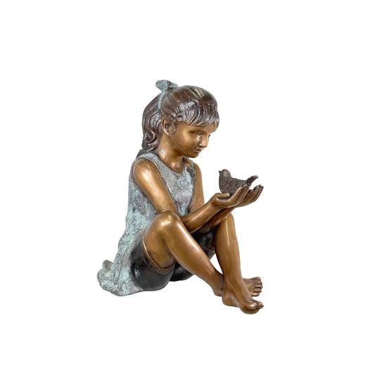 Sitting Girl holding Bird Bronze Statue