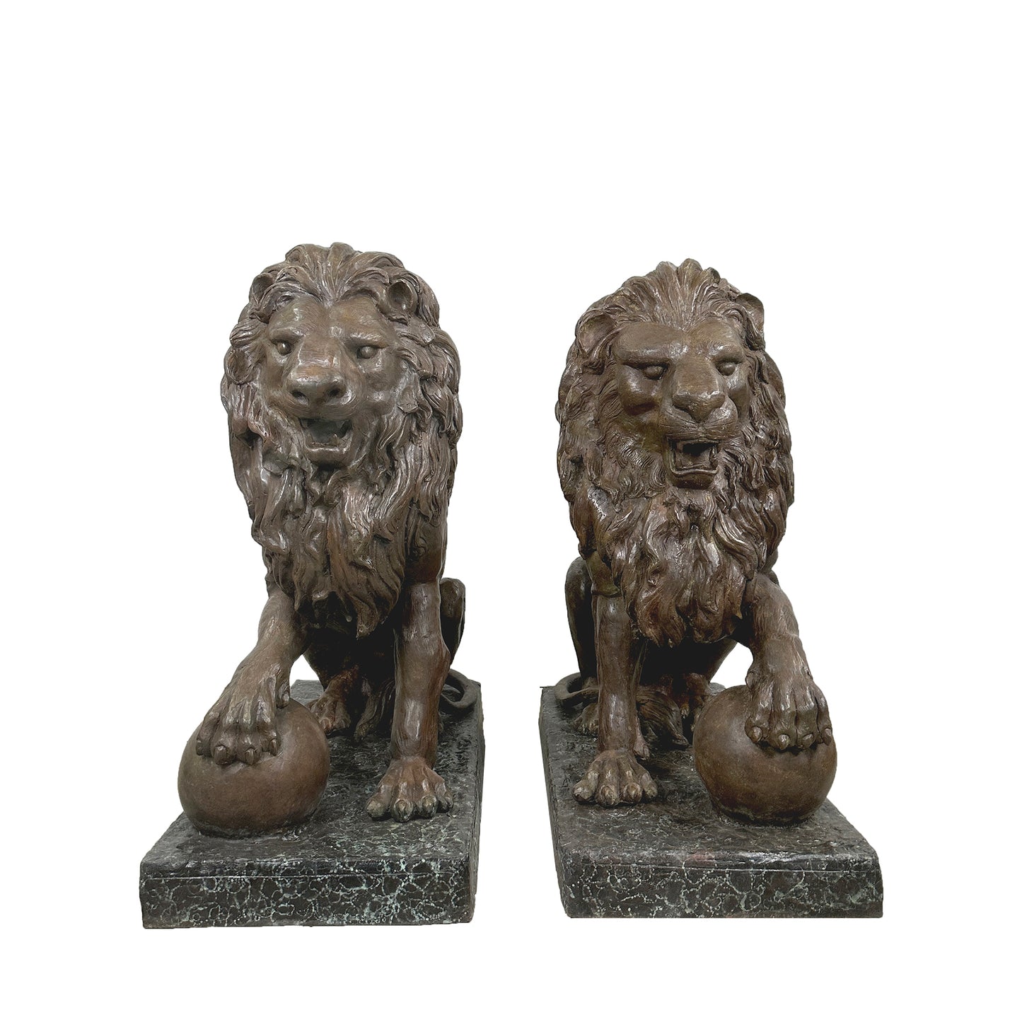 Sitting Lions with Ball Bronze Statue Pair