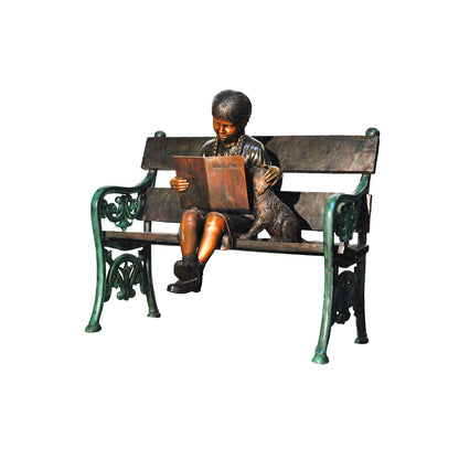 Girl Reading Book on Bench with Puppy Bronze Statue