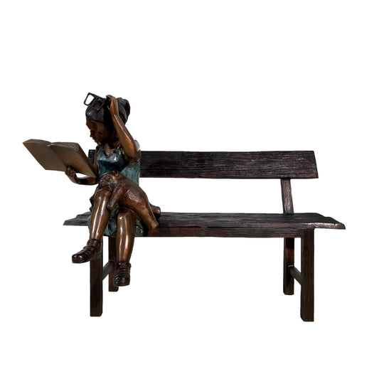 Girl Sitting on Bench Reading Book Bronze Statue