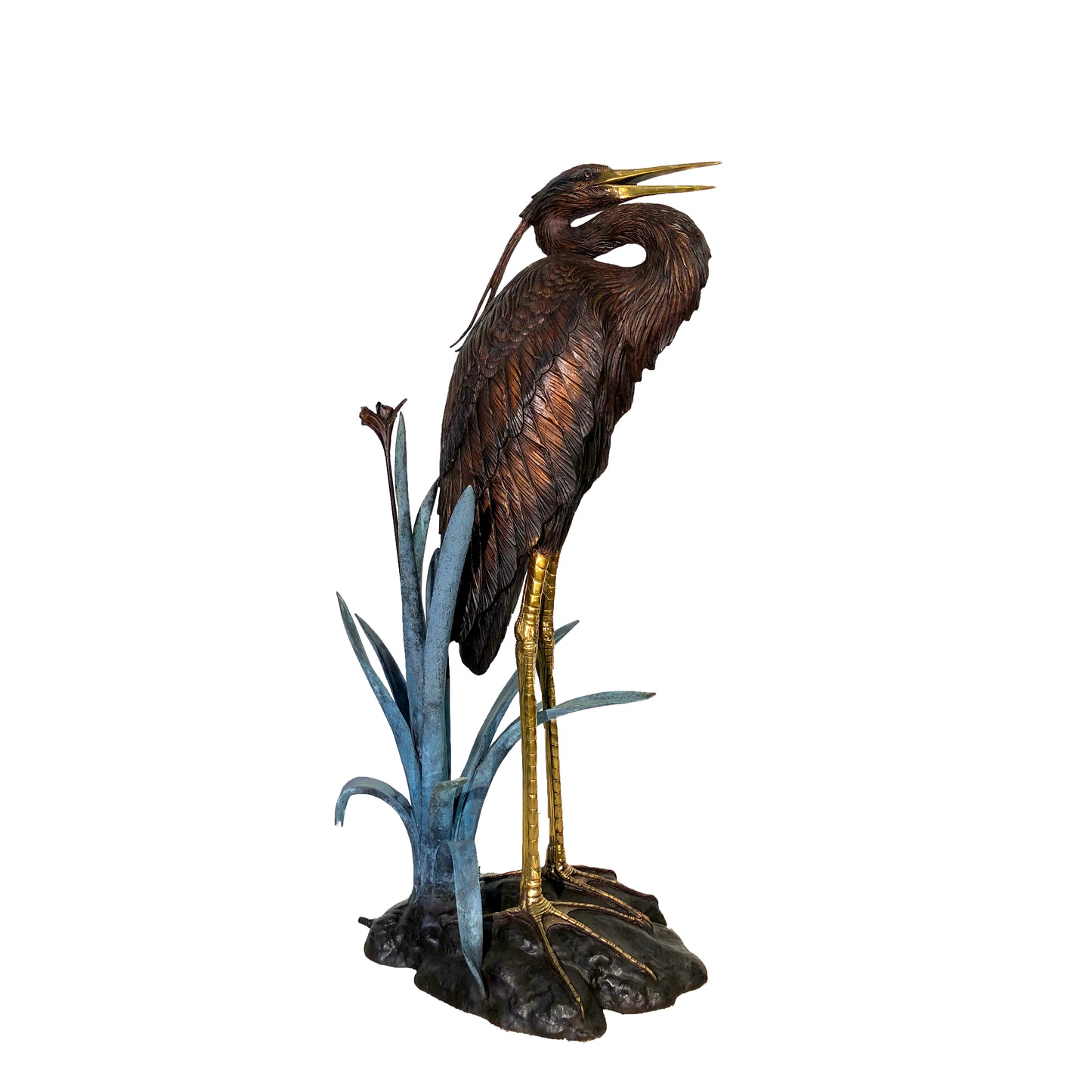 Heron Bird in Grass Fountain Bronze Statue