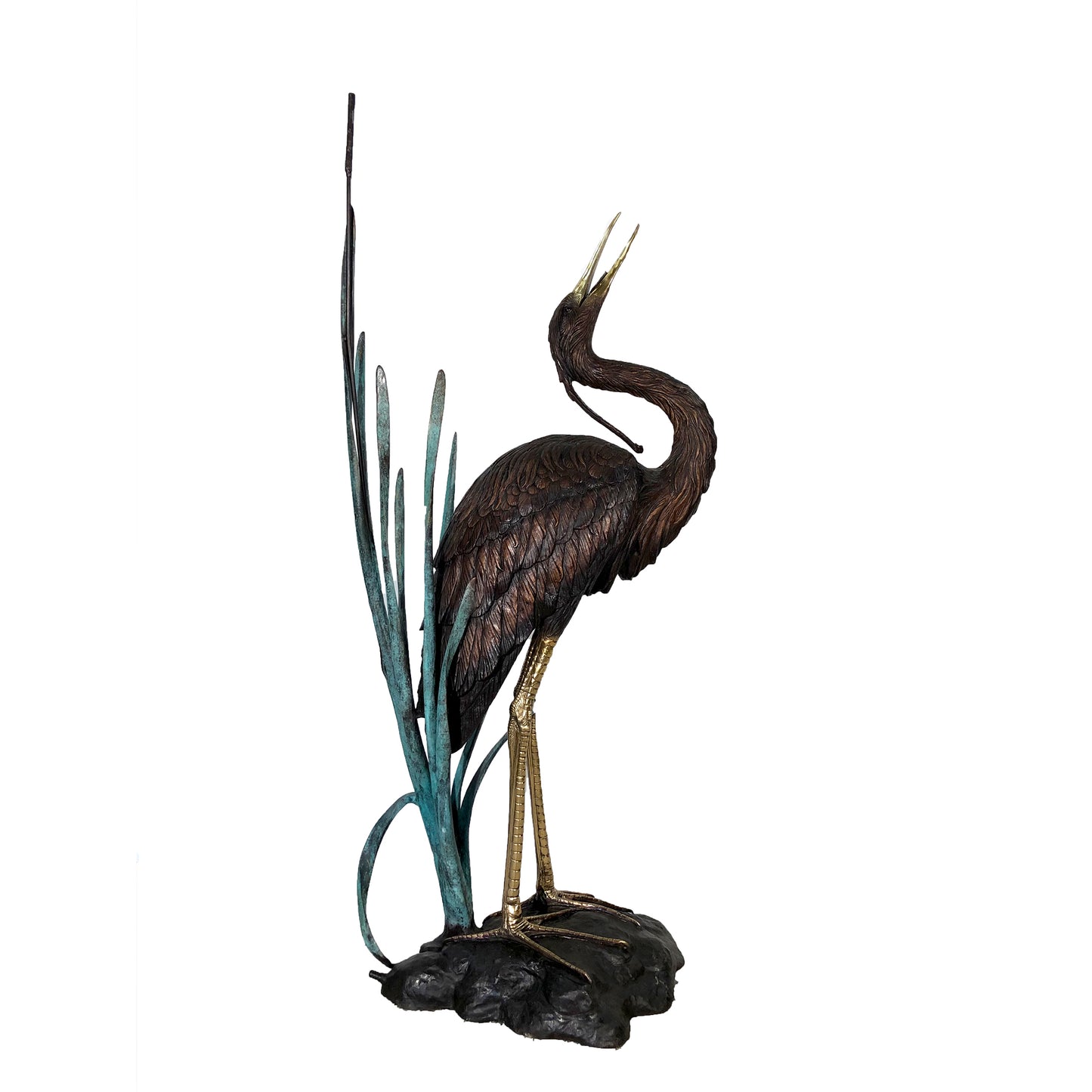 Heron Bird in Grass Fountain Bronze Statue