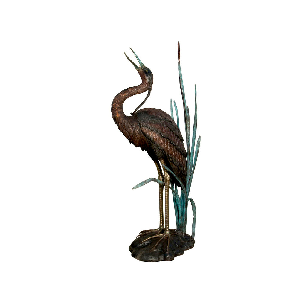 Heron Bird in Grass Fountain Bronze Statue