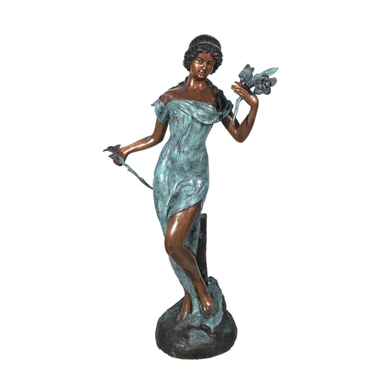 Standing Lady with Flowers Fountain Bronze Statue