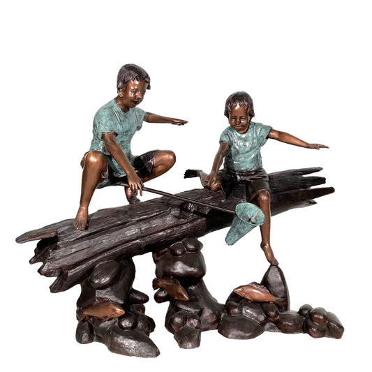 Boys Fishing on Log Fountain Bronze Statue