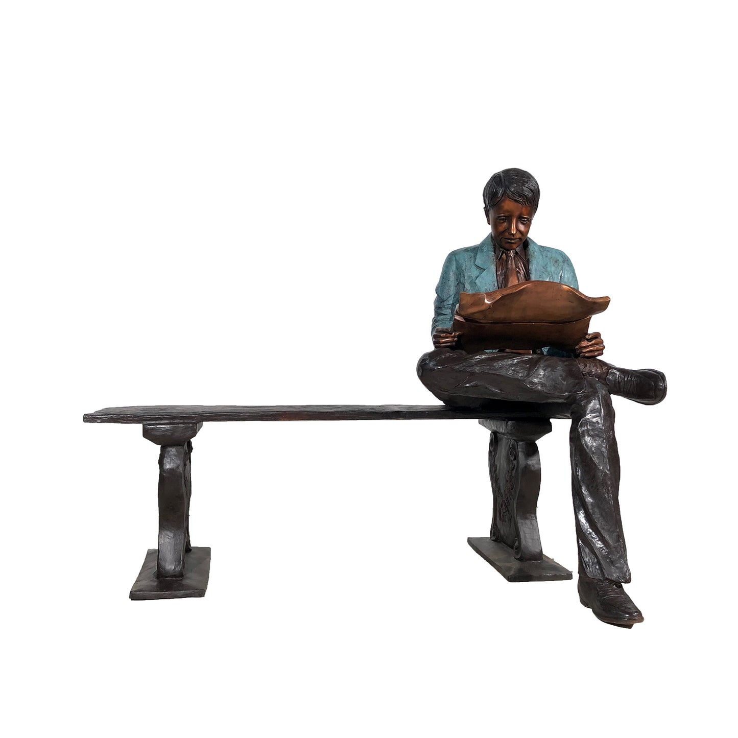 Man Reading Newspaper on Bench Bronze Statue