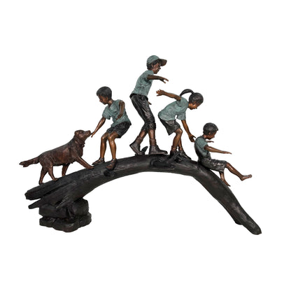 Four Children & Dog Crossing Log Bronze Statue