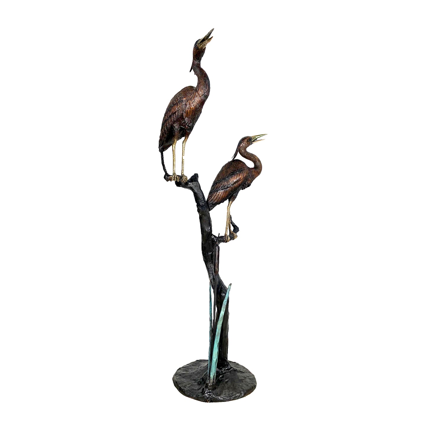 Two Heron Birds on Branch Fountain Bronze Statue