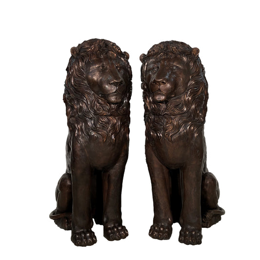 Large Sitting Lions Bronze Statue Set