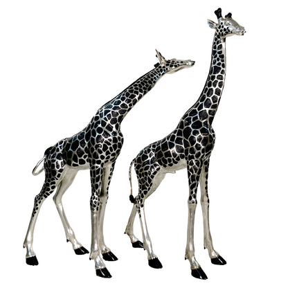 Large Silver Giraffes Bronze Statue Set