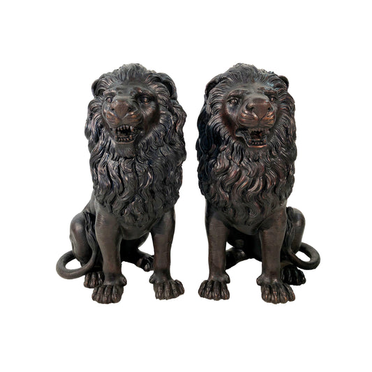 Sitting Snarling Lions Bronze Statue Pair