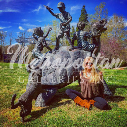 Children & Dog on Big Turtle Bronze Statue