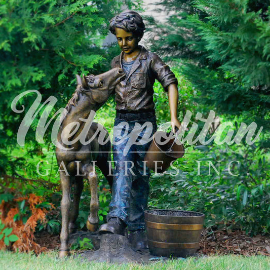 Boy Walking with Pony Fountain Bronze Statue