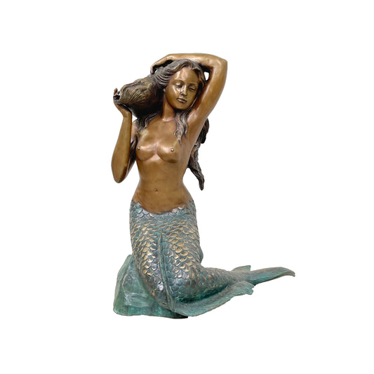 Sitting Mermaid holding Shell Fountain Bronze Statue