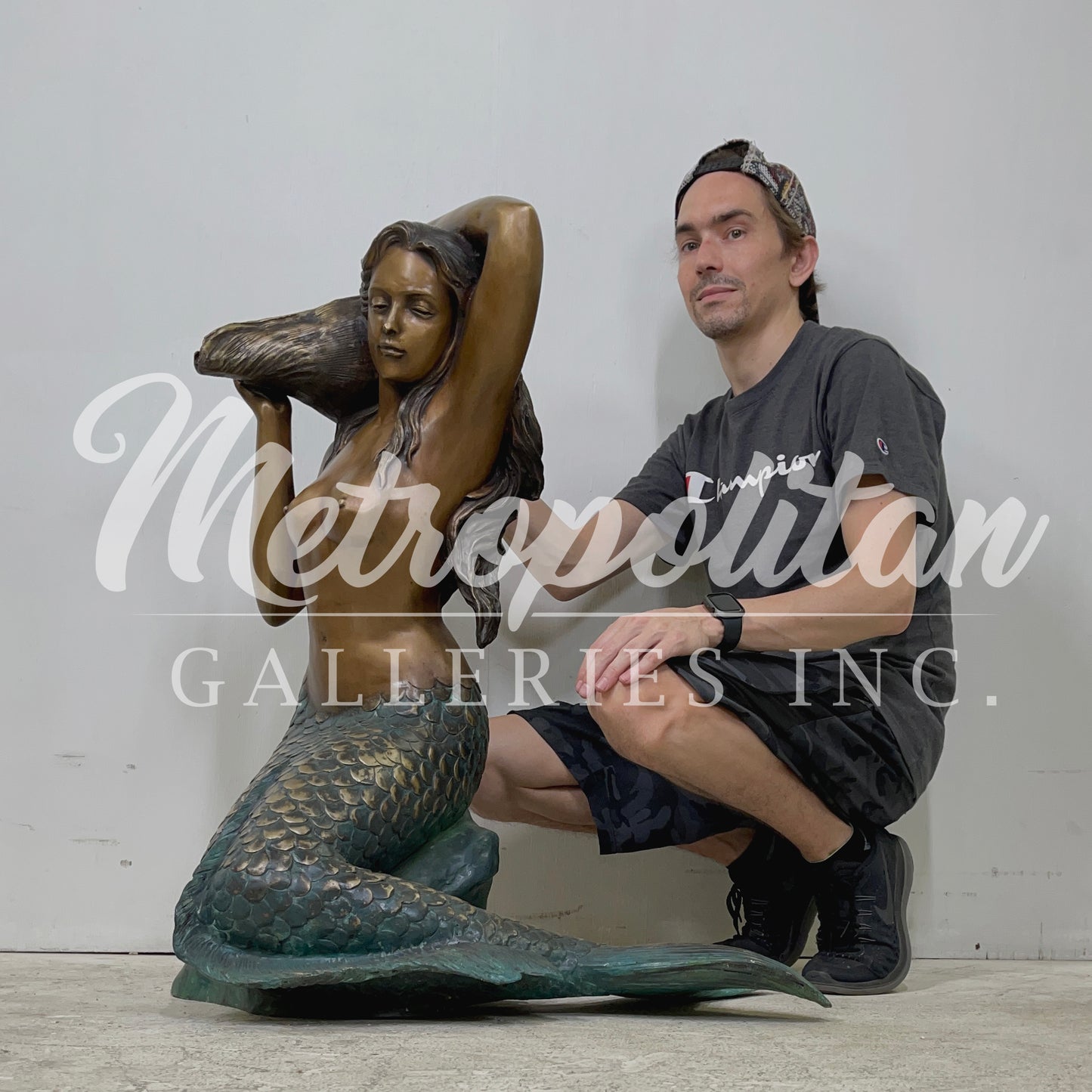 Sitting Mermaid holding Shell Fountain Bronze Statue