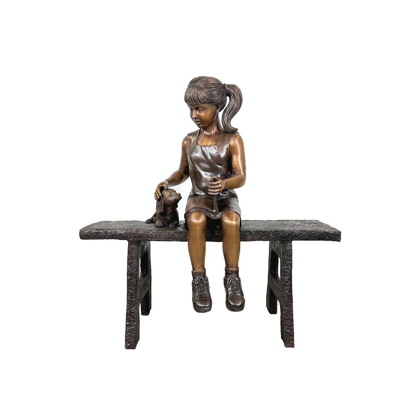 Girl & Dog Reading Book on Bench Bronze Statue