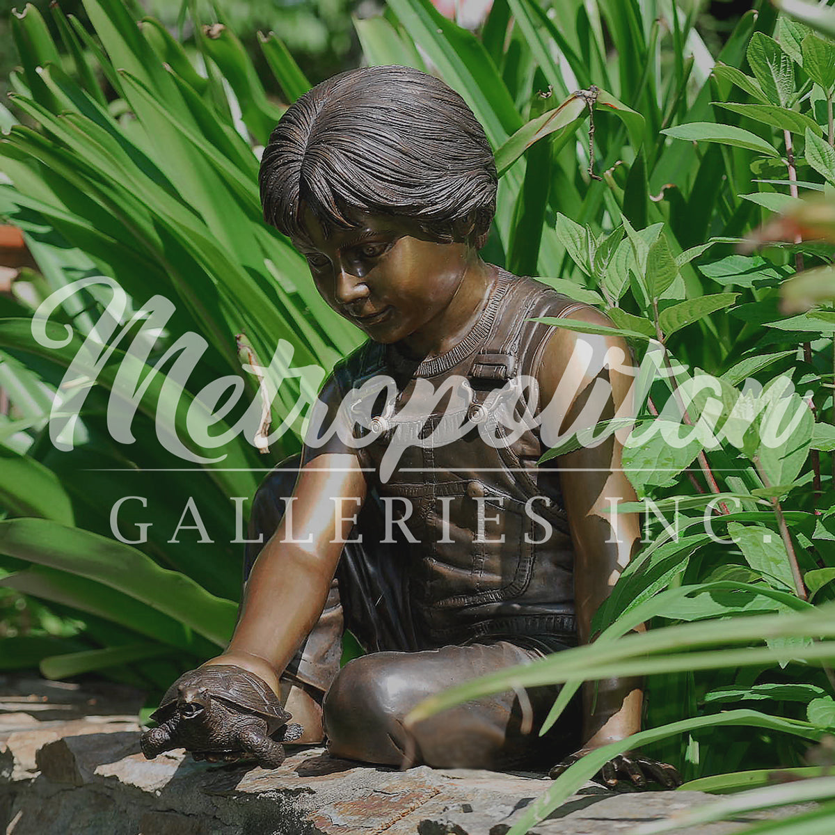 Boy Holding Turtle Fountain Bronze Statue