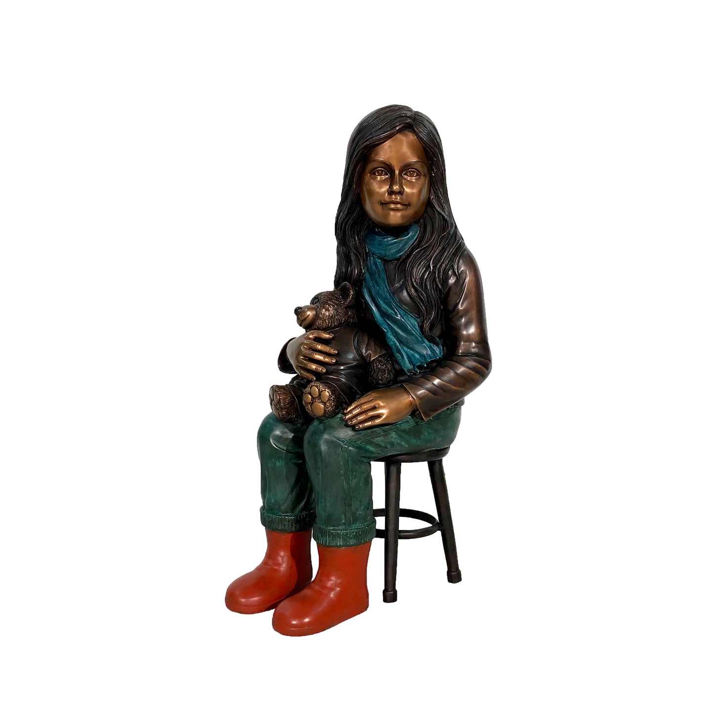 Sitting Girl on Stool Holding Teddy Bear Bronze Statue