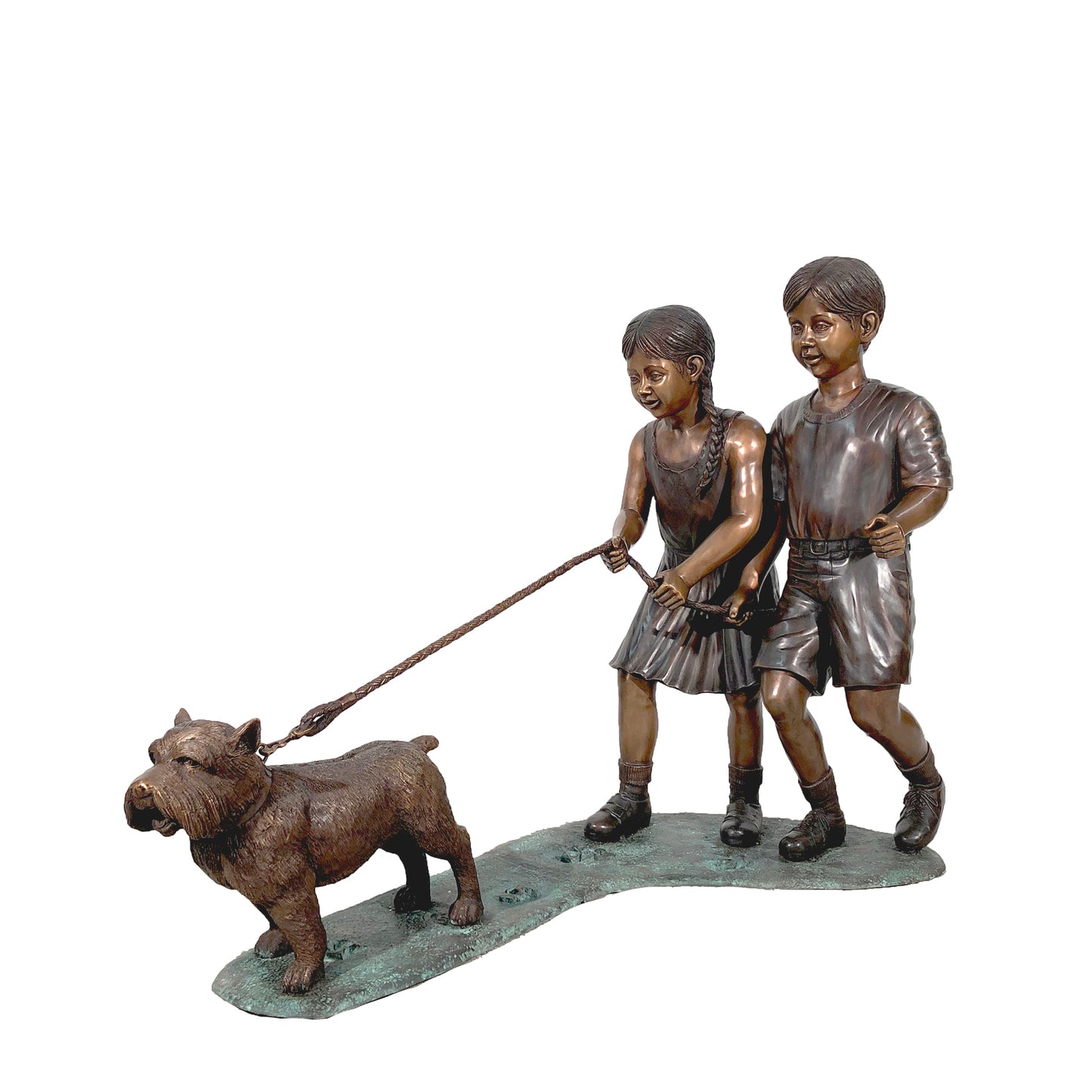 Girl & Boy Walking Dog Bronze Statue